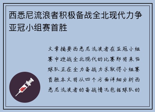 西悉尼流浪者积极备战全北现代力争亚冠小组赛首胜