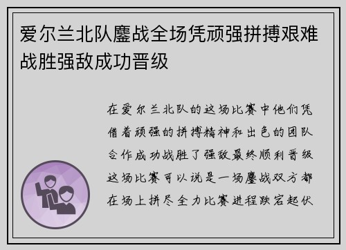 爱尔兰北队鏖战全场凭顽强拼搏艰难战胜强敌成功晋级