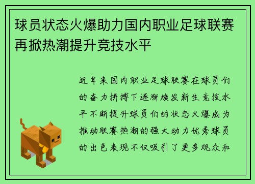 球员状态火爆助力国内职业足球联赛再掀热潮提升竞技水平