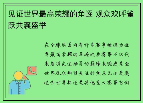 见证世界最高荣耀的角逐 观众欢呼雀跃共襄盛举