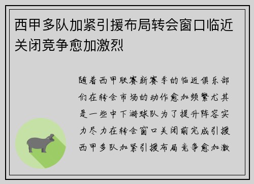 西甲多队加紧引援布局转会窗口临近关闭竞争愈加激烈