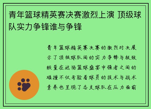 青年篮球精英赛决赛激烈上演 顶级球队实力争锋谁与争锋